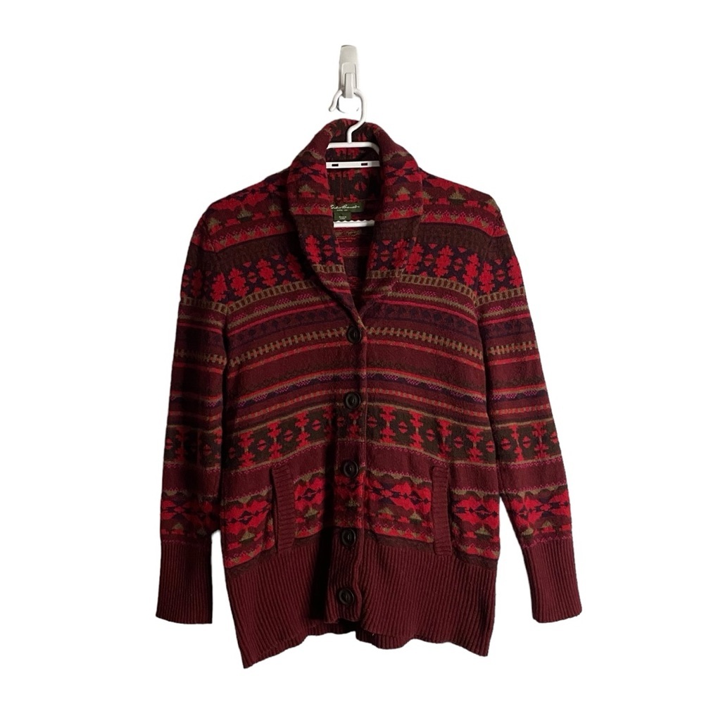 Eddie Bauer Women's Red Patterned Merino Wool Sweater Cardigan